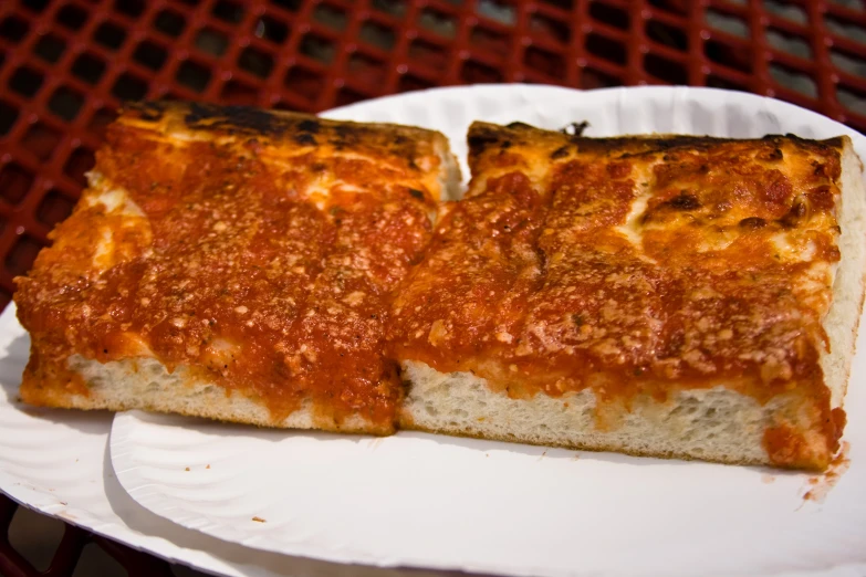 two slices of pizza are placed on a paper plate