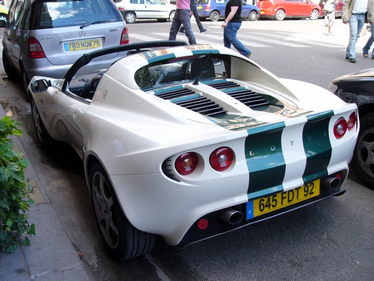 a white sports car parked on the side of the street