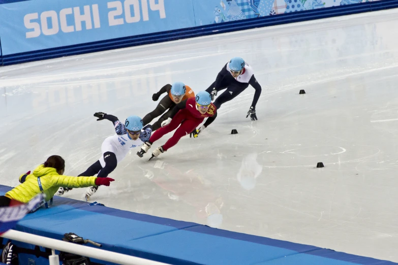the speed skaters are being hed by other people