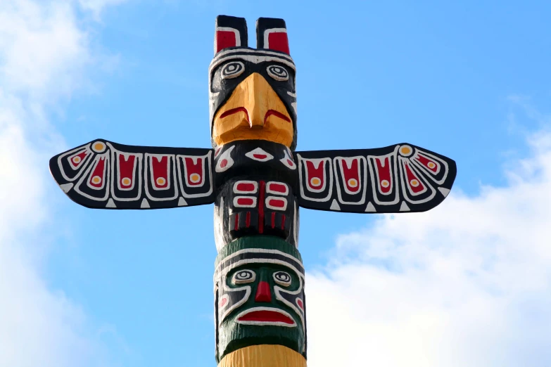 the totem pole is carved into an eagle - like form