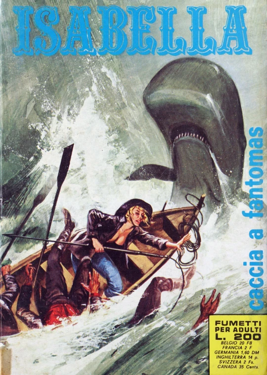 a vintage cover of a comics book shows people riding in a boat and the title reads