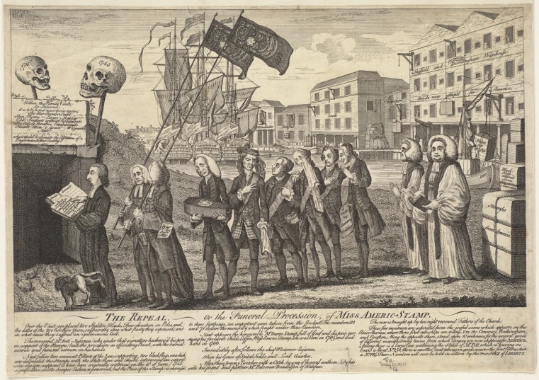 an engraving shows two men standing in front of a ship