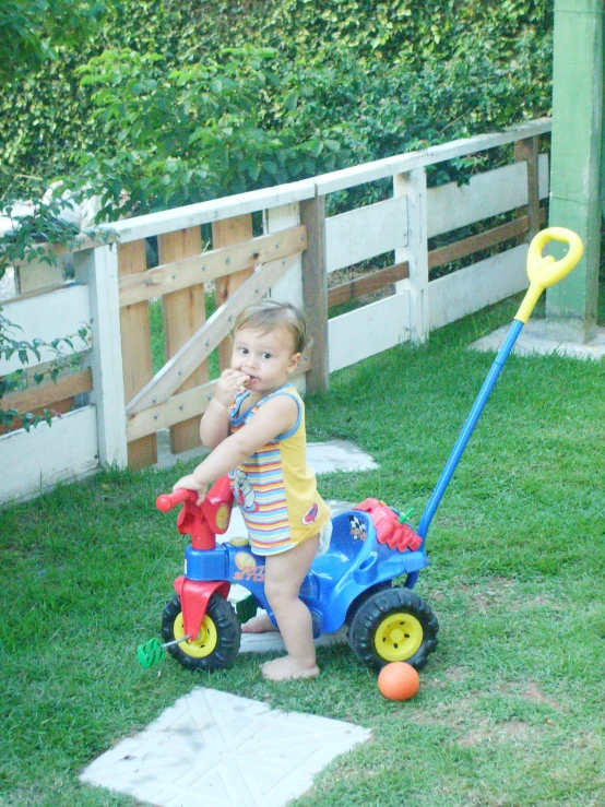 a small child holding onto a blue and yellow toy