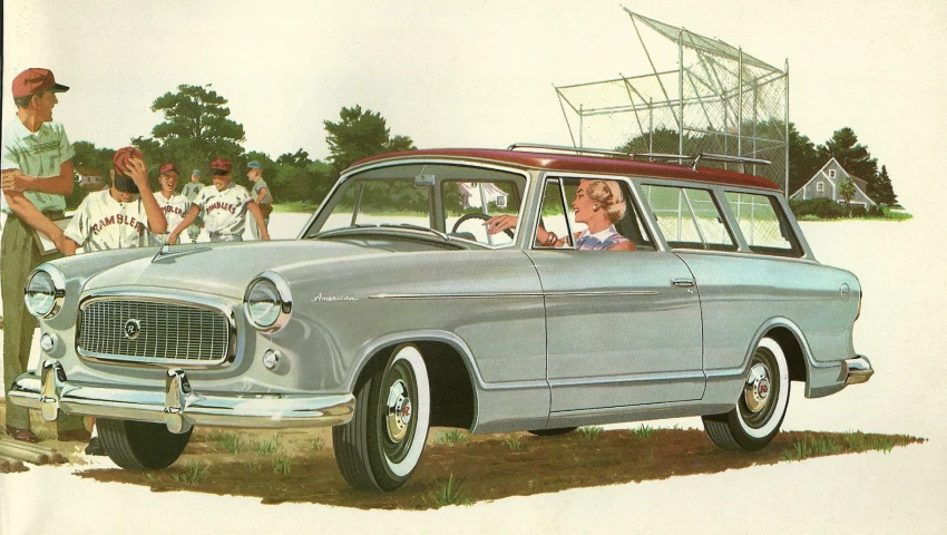 an old car with a man and woman in it and a radio tower on top