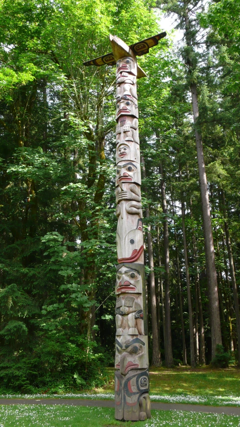 a tall wooden pole in a forest with many designs