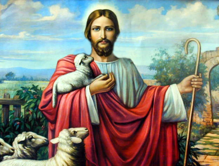 painting of jesus holding sheep with a blue sky in background