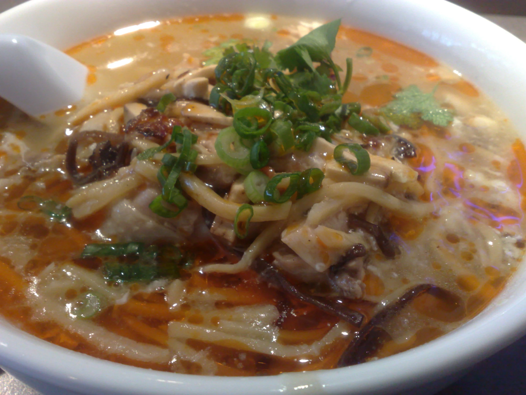 the bowl of soup has noodle, cheese and spring onions in it