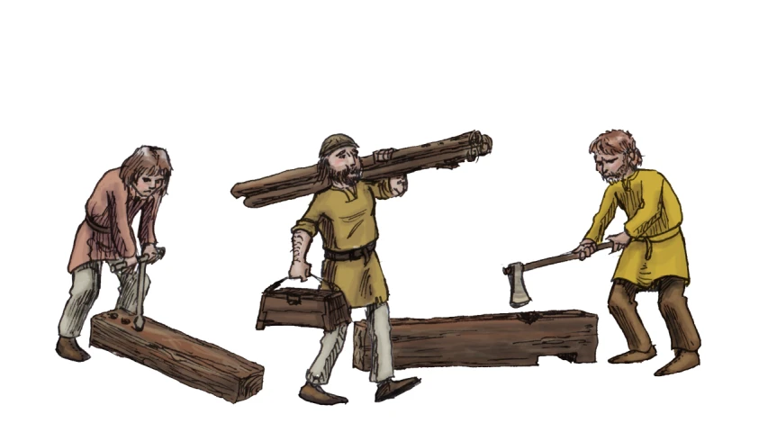 three men carrying logs and axves to the ground