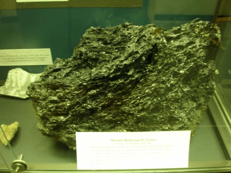 there is a giant rock on display inside a glass case