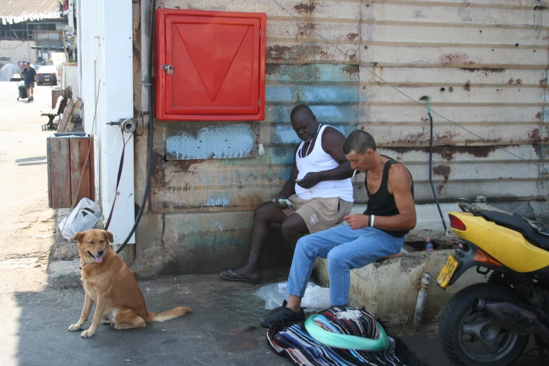 two men sit with a dog and a woman