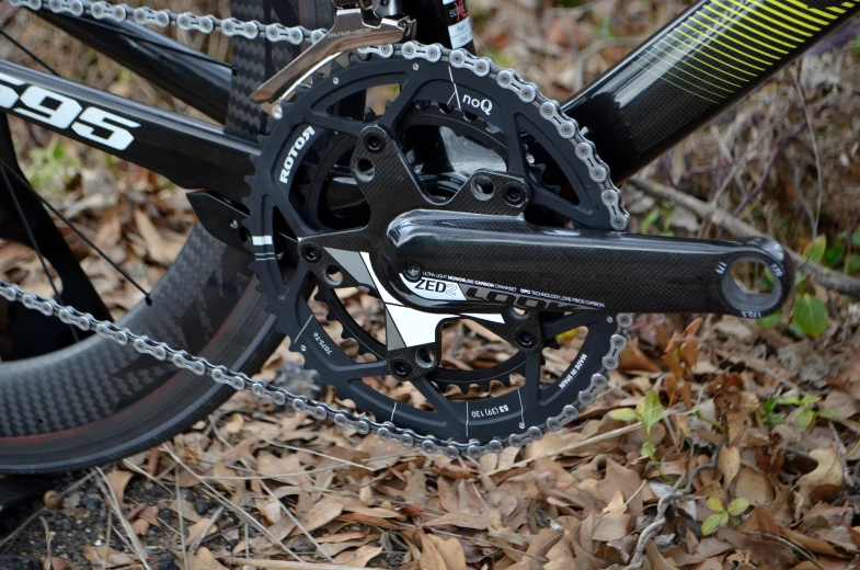 a close up view of a bike with chain catcher