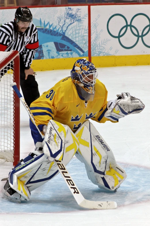 a goaltender is getting ready to block a s during a hockey game