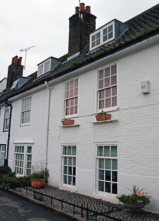 a white building with potted plants and windows