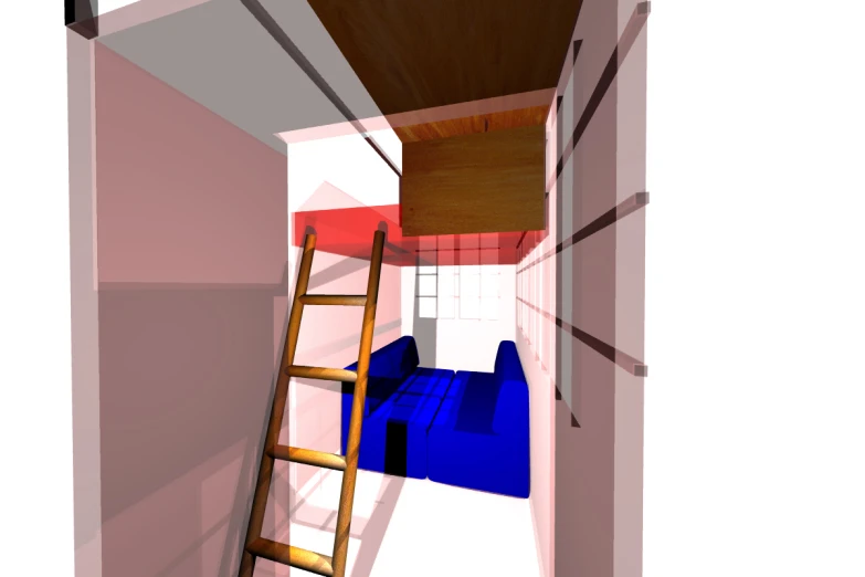 a ladder leaning against the wall in a small room