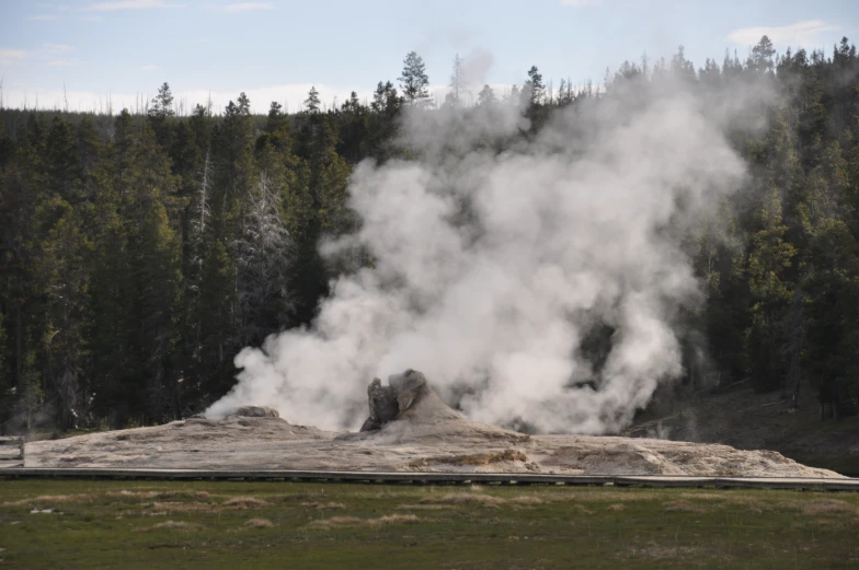 steam pouring from the top of a volcano at the edge of a forest