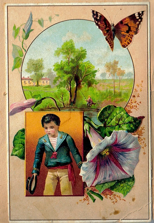 an artistic painting on wood depicting a boy with flowers
