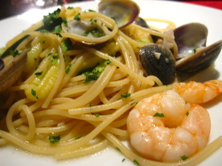 pasta, shrimp and clams with a shell of squid