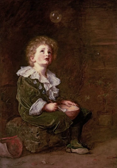 a painting of a girl wearing green clothing sitting in the middle of the picture with bubbles floating around