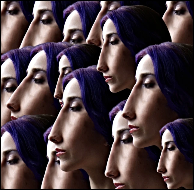 a wall of various angles of female facial features