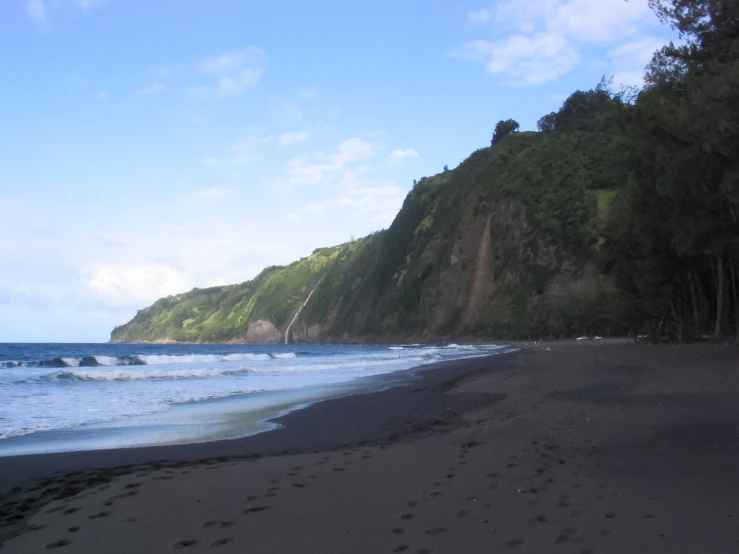 a beautiful beach with the ocean and cliff in the background