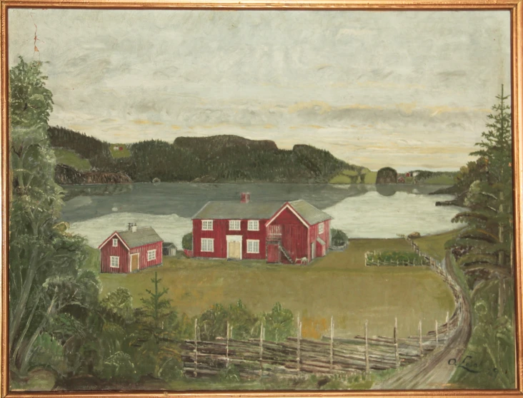 a painting of a rural scene with a farm house on the lake and a distant landscape