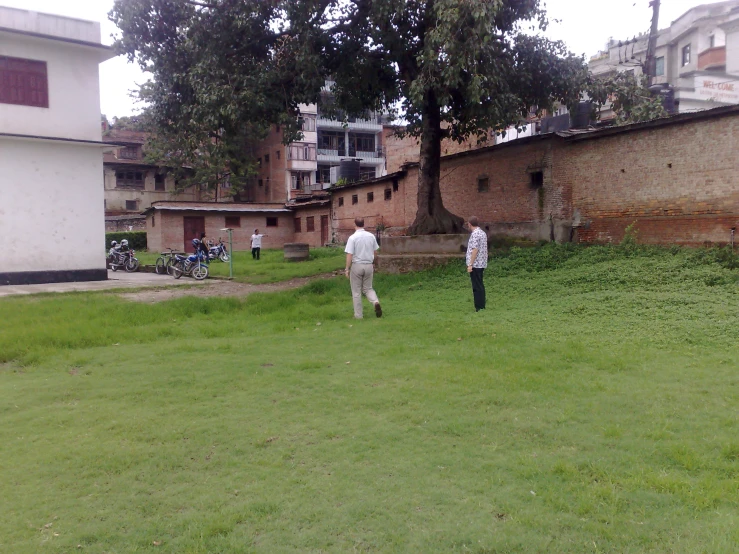 people in grass playing frisbee in a city setting