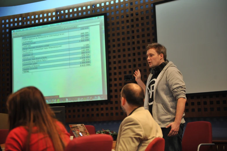 a man standing in front of a projector screen