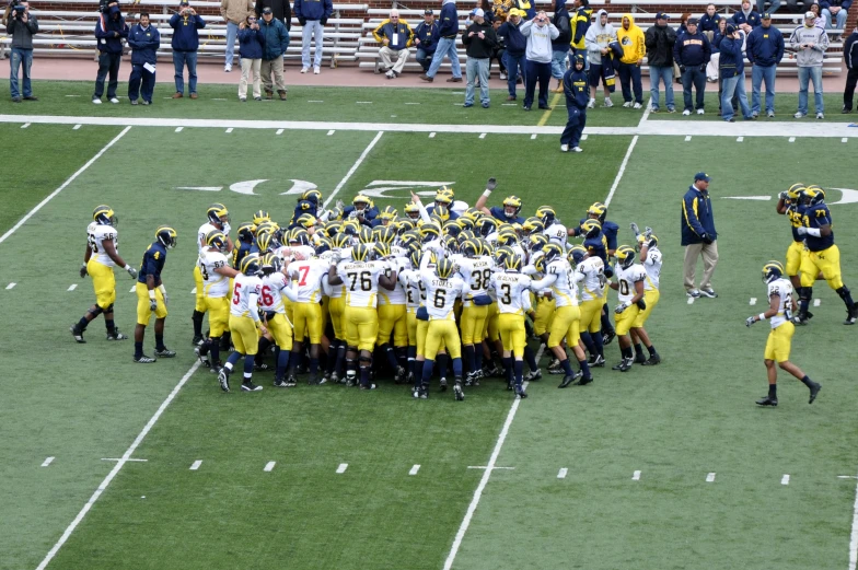 a large group of football players huddle together in the middle of the field