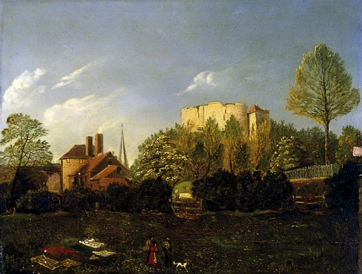 the painting shows an older landscape with houses and a woman walking near it