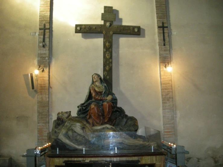 the inside of a church with crucifix