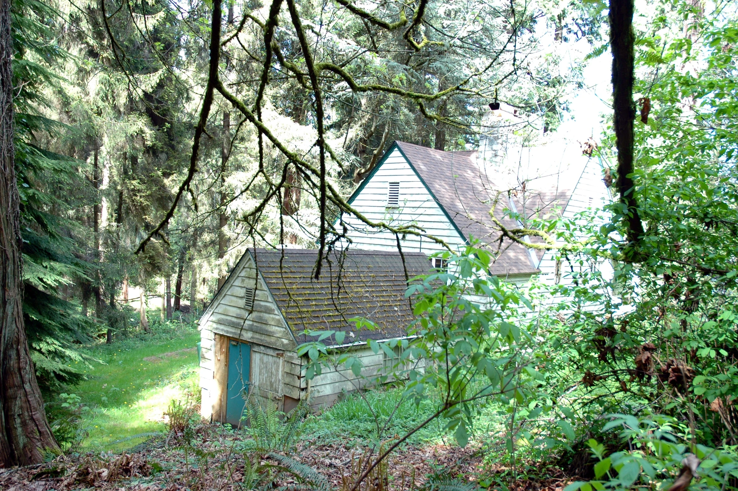 a small house with a tower in the woods