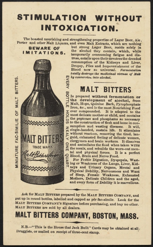a bottle of mail bitter in front of an old advertit