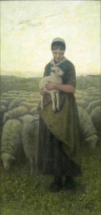 a painting with a person in a field holding a sheep