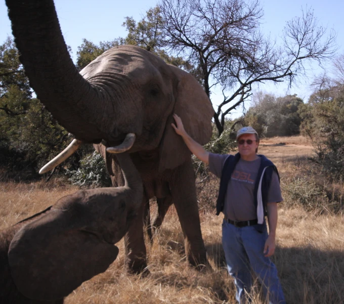 a man touching his arm with an elephant