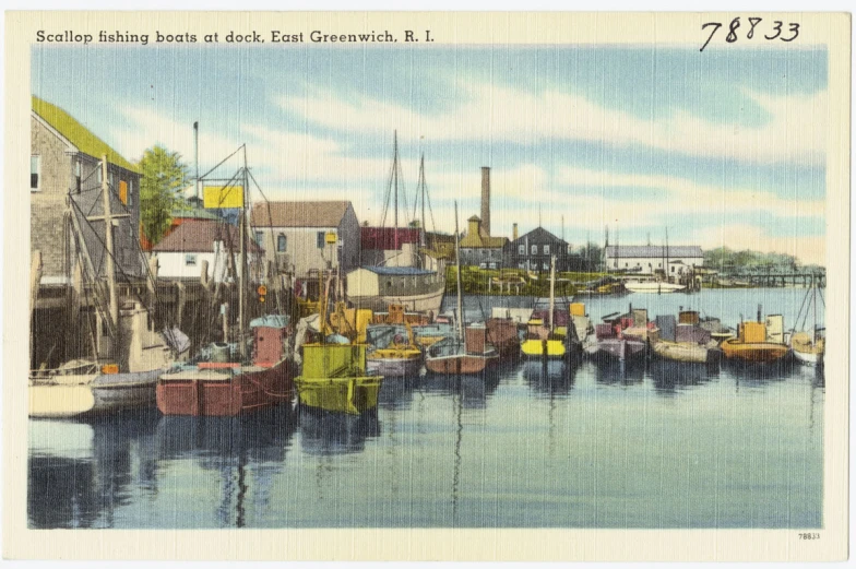 an old painting of fishing boats docked at a harbor