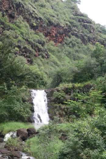 a waterfall is flowing down the hill in the jungle