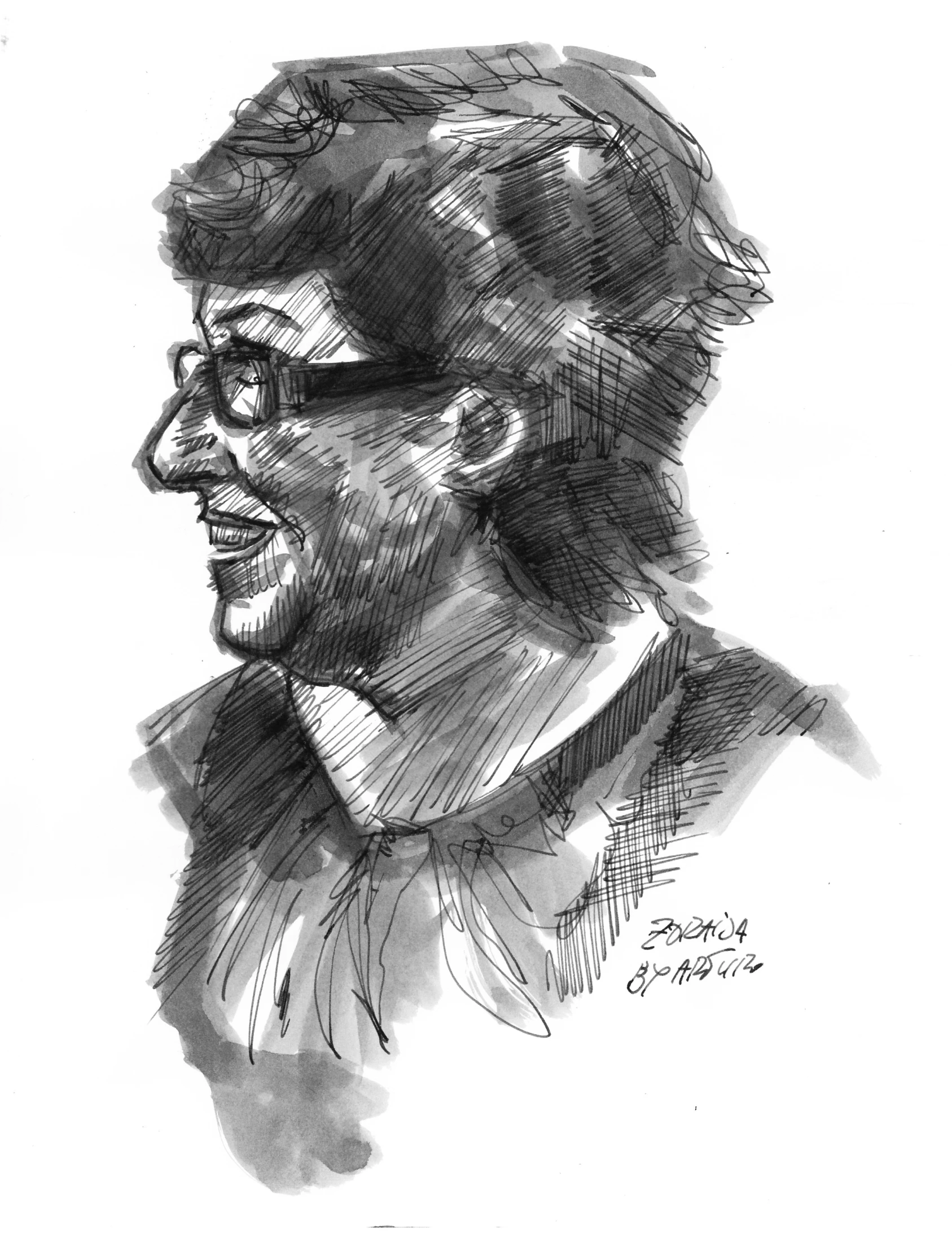 black and white drawing of a man with glasses