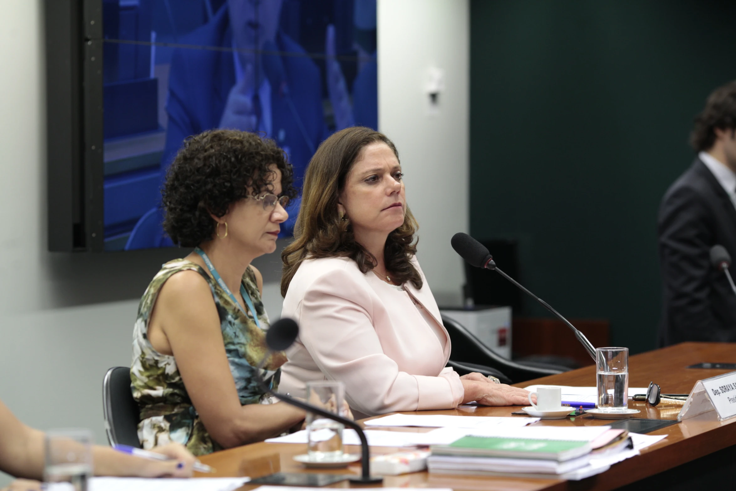 two women sit in front of microphones at a meeting