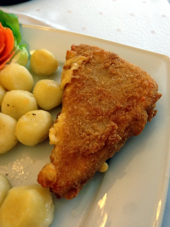 a plate of fried food, potatoes, carrots and broccoli