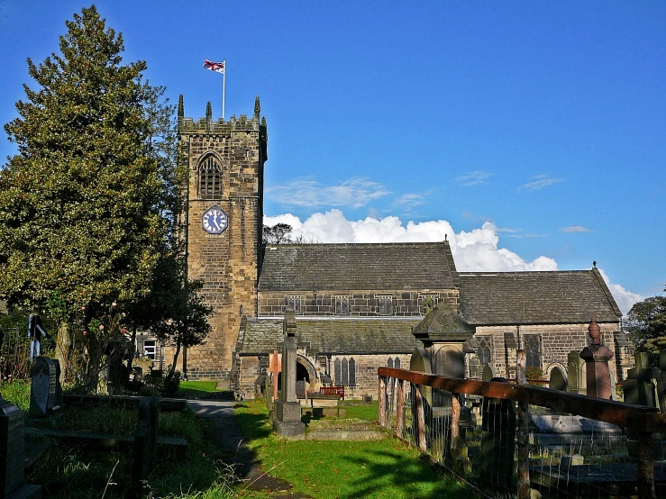 old stone church with steeple and graveyard in foreground