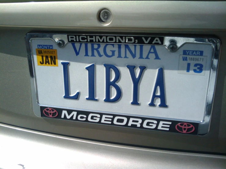 a license plate from virginia is shown