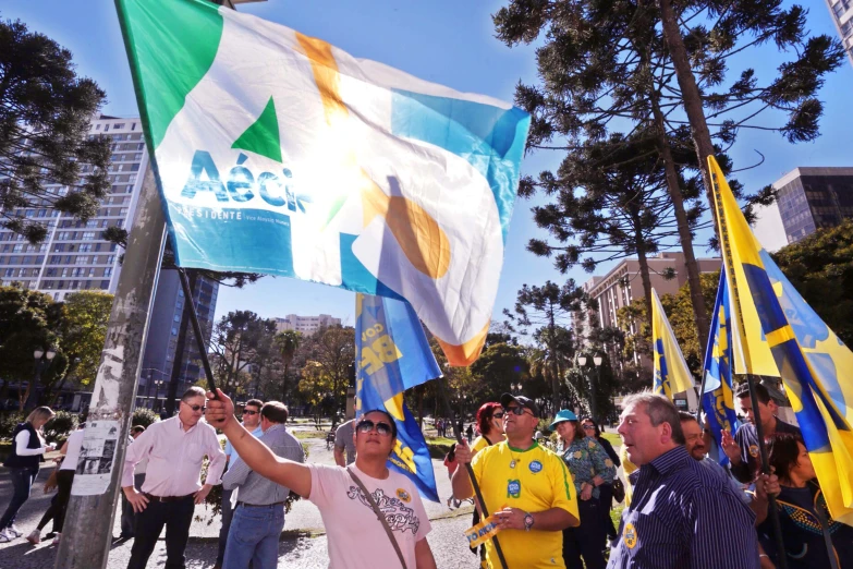 people hold up flags and other signs outside in the city