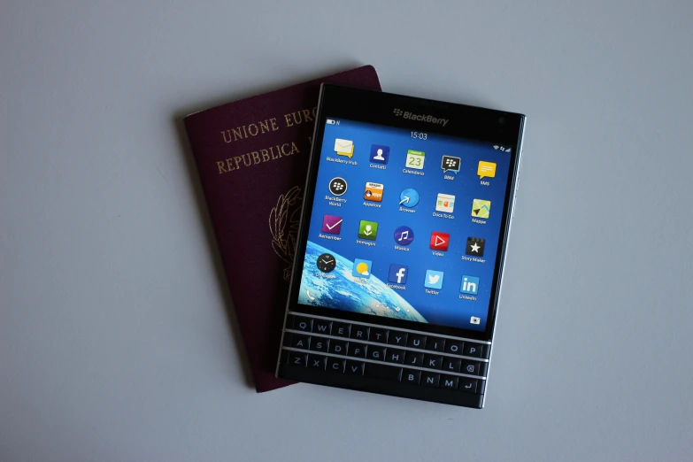 the blackberry smartphone is on a passport holder