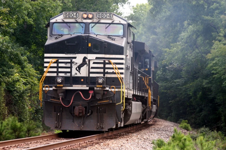 a locomotive train engine pulling carts through the countryside