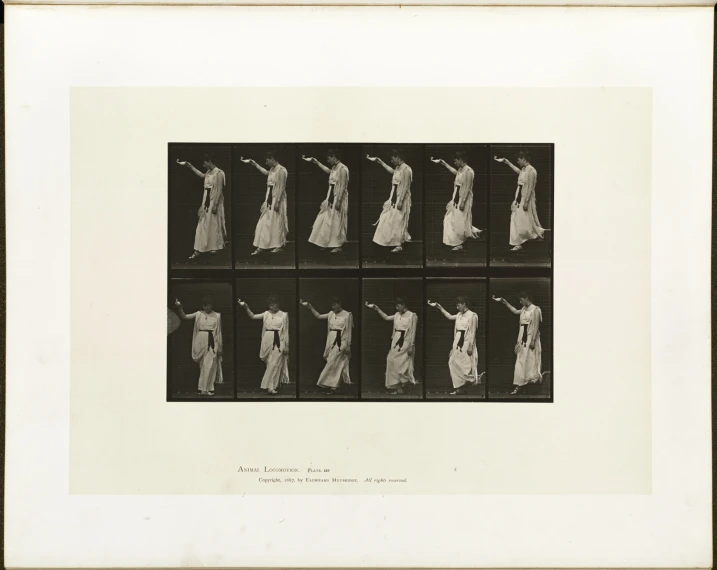 eight framed pographs of women's dresses in a row