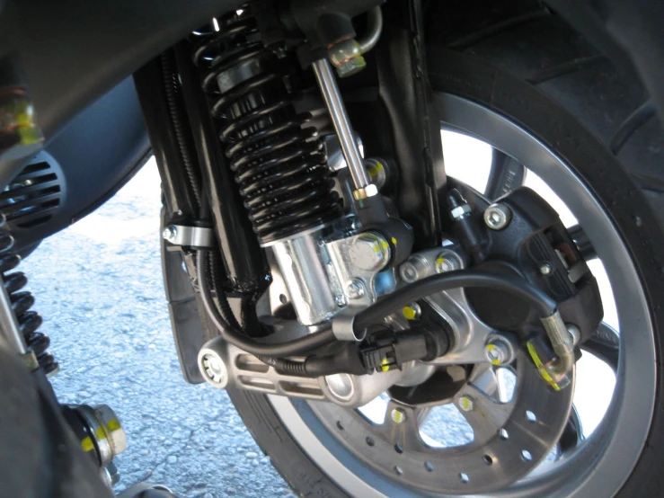 an up close s of the front wheels of a motorcycle