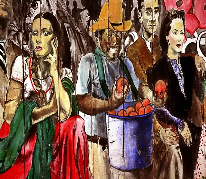 a painting with people standing around and fruit