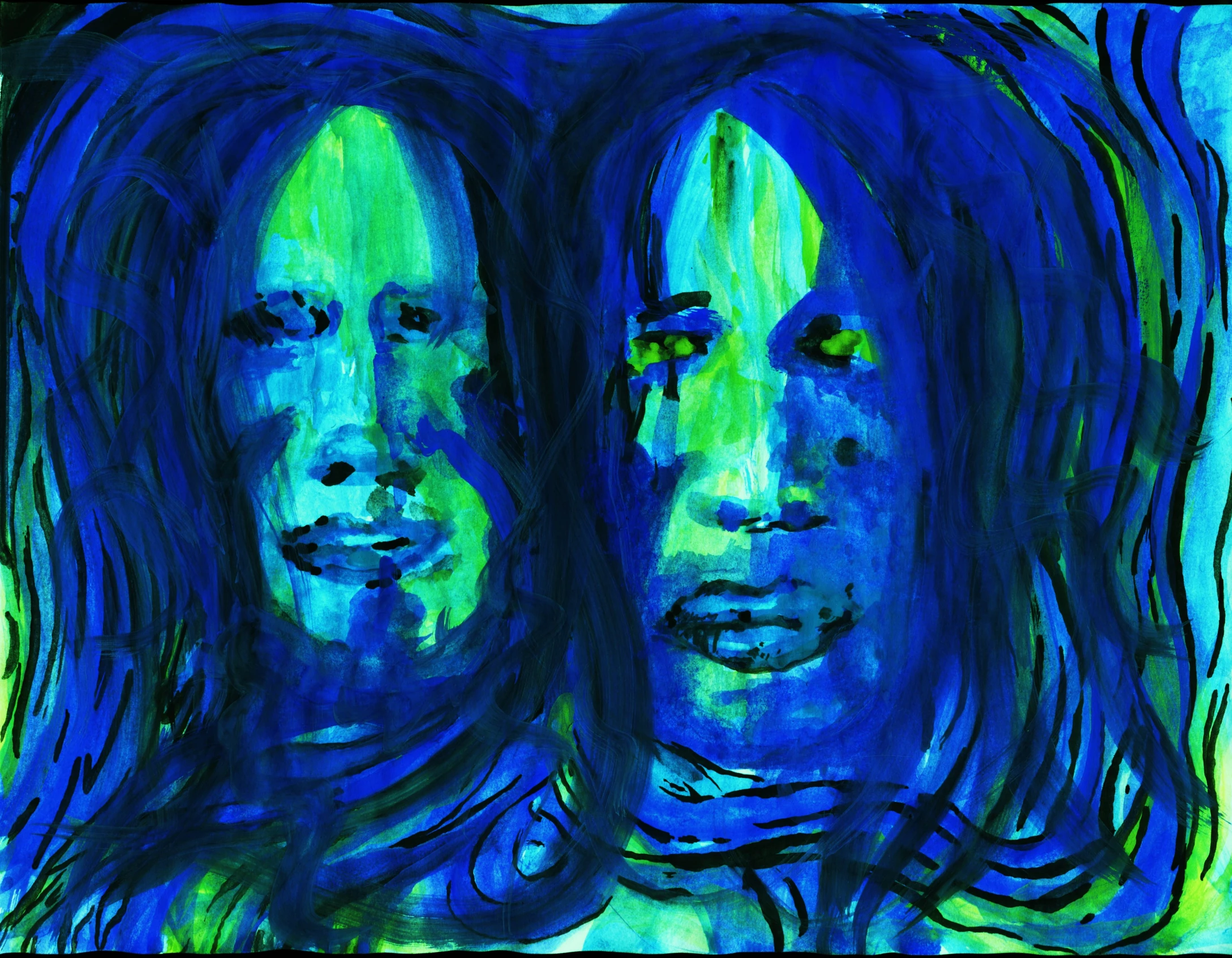 the two faces of a woman in blue and green