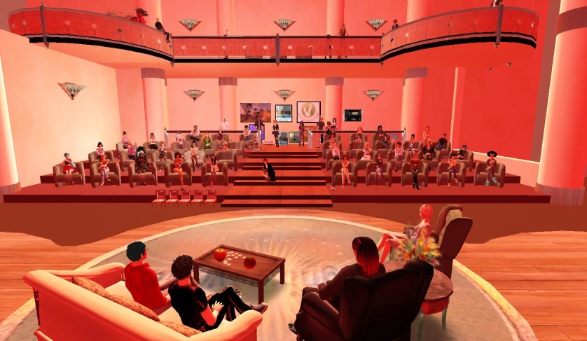 a painting of people on couches in a pink and red room