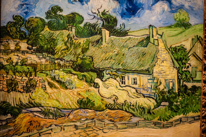 the painting shows an old stone cottage on a hillside with thatched roof